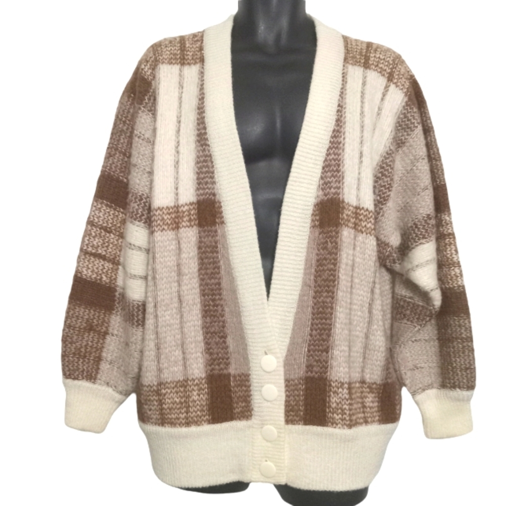 Personal Vintage Fuzzy Thick Plaid Cardigan Sweater